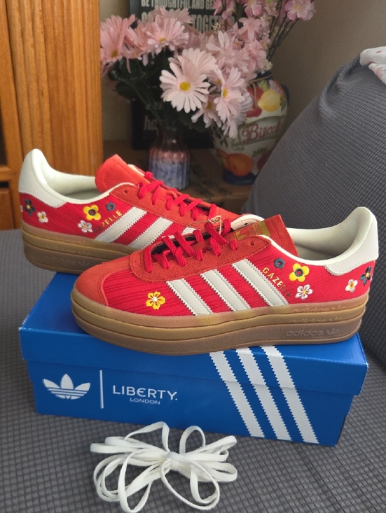 adidas Shoes - Adidas  Liberty London,Red Floral Gazelle Sneakers with White Stripes